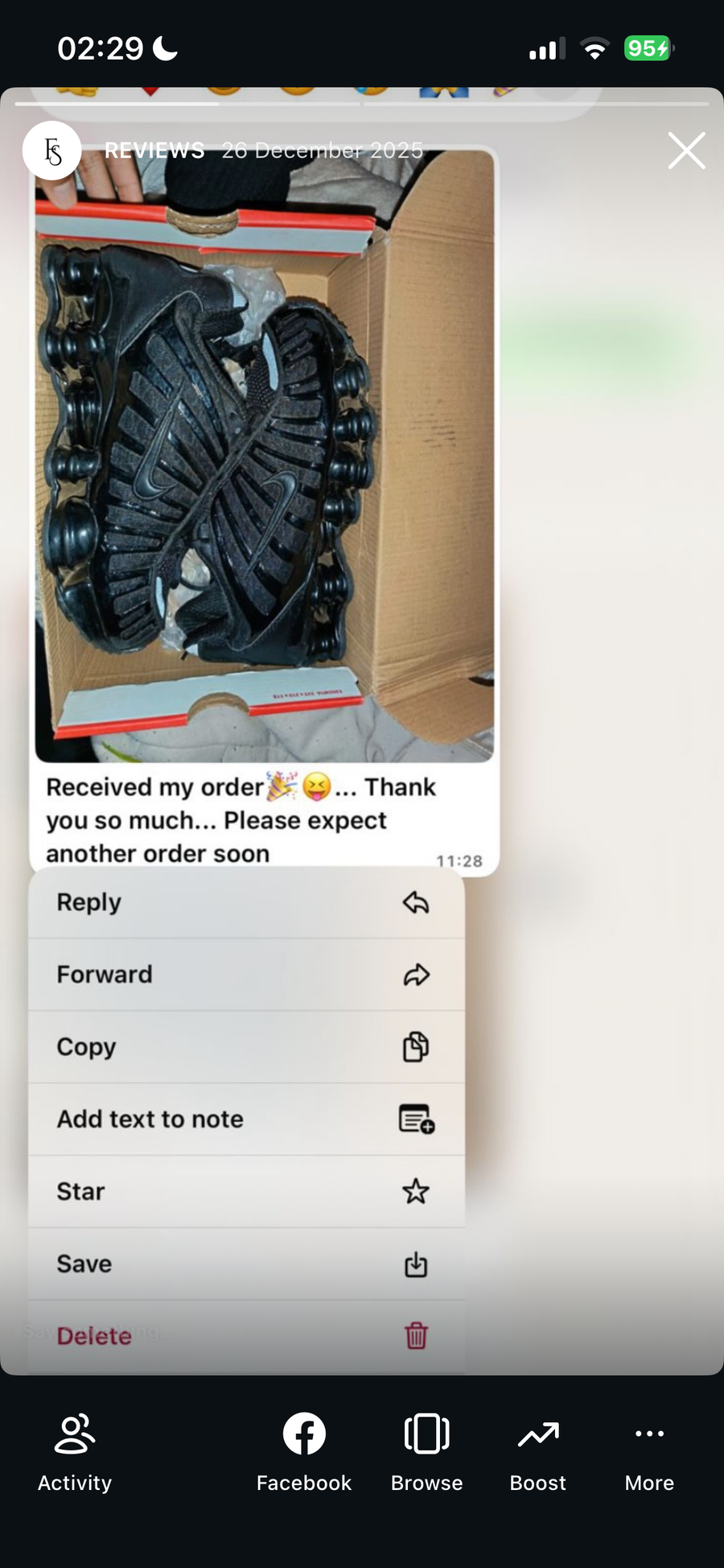 Customer review or delivery screenshot